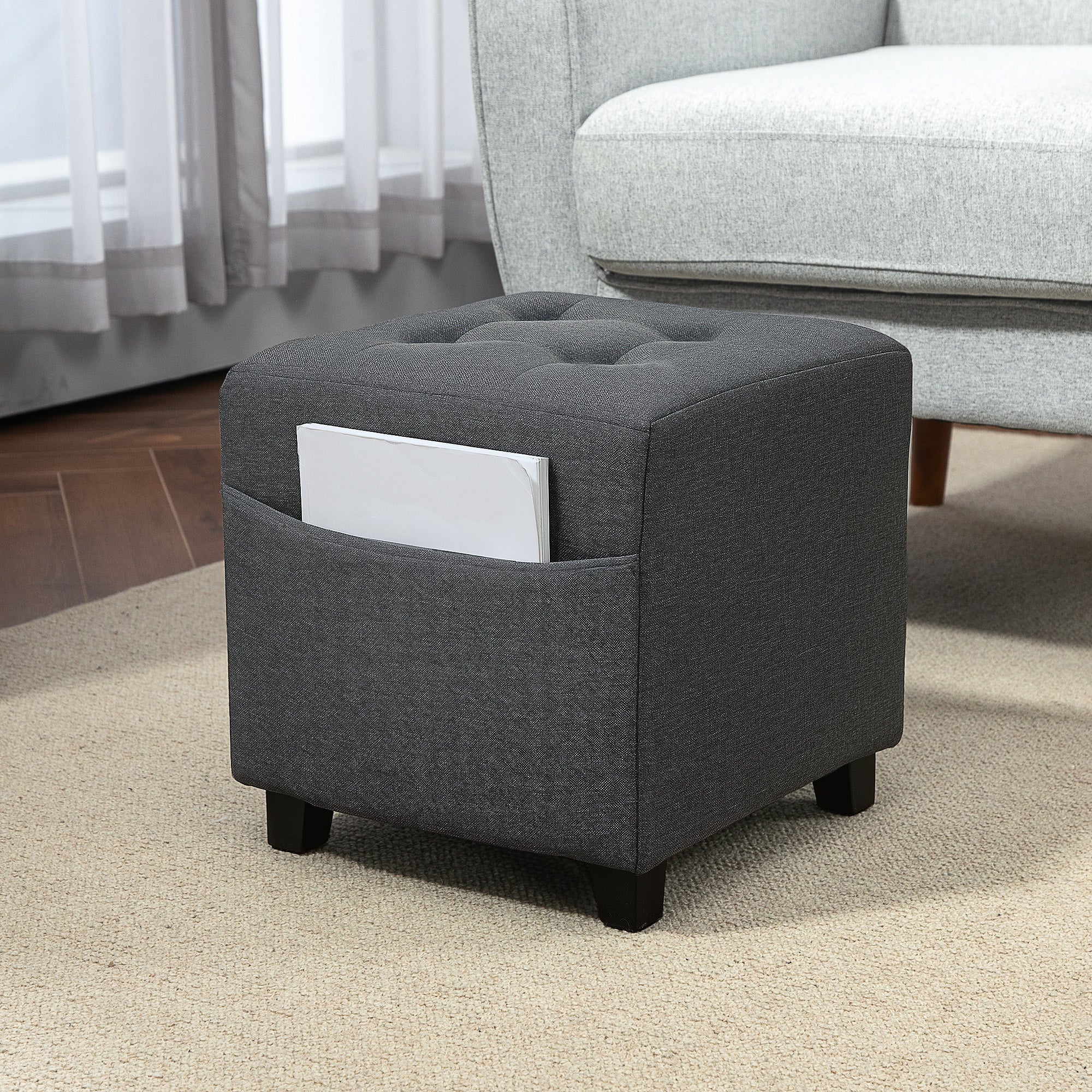 HOMCOM Square Footstool, Small Ottoman with Side Pocket, Linen Fabric Footrest Foot Stool with Rubber Wood Legs and Padded Seat for Living Room, Bedroom, Entryway, 35 x 35 x 35cm, Grey
